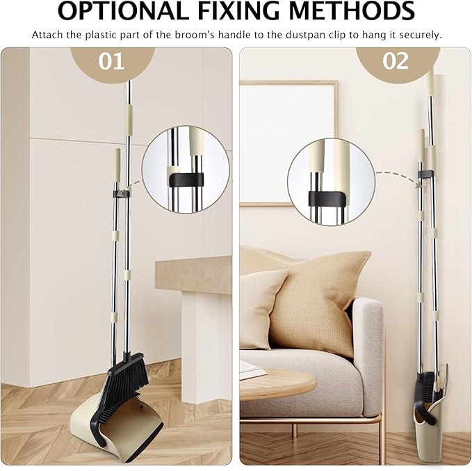 Broom and Dustpan Set, Dustpans with Broom Combo for Home, Heavy Dust Broom and Dustpan Combo, Long Handle Dust Pan and Broom Set for Kitchen, Office, Pet Hair,Beige, Pack of 1