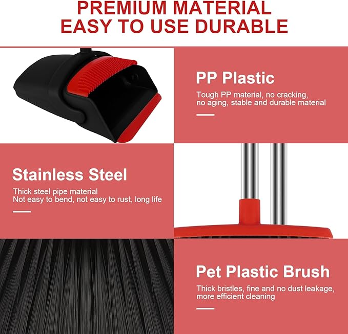 Broom and Dustpan Set for Household, Red Broom with Dustpan Combo Set, 51" Long Handle Dust pan Set for Dog Cat and Hair Clean