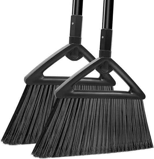 Heavy Duty Broom Outdoor and Indoor, 2 Pack Commercial Angle Brooms with Longer Handle, Perfect Black Broom for Garage, Kitchen, Courtyard, Restaurant
