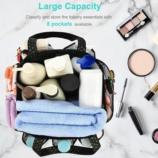 Haundry Mesh Shower Caddy Basket, Large College Dorm Bathroom Caddy Organizer with Key Hook and Oxford Handles, 8 Pockets, Hanging Portable Tote Bag for Camp Gym