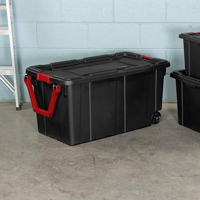 Sterilite 8-Pack Industrial Tote, Heavy-Duty Storage Bins w/Lids and Wheels, 40 Gallon - Stackable Organizing Containers for Home, Garage, Office, and Basement