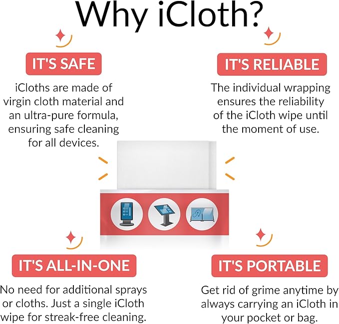 iCloth 70% Isopropyl Alcohol XL Screen and Electronics Wipes, Lint-Free, Streak-Free, Fast-Drying, Removes Dust and Fingerprints, 192 Wipes