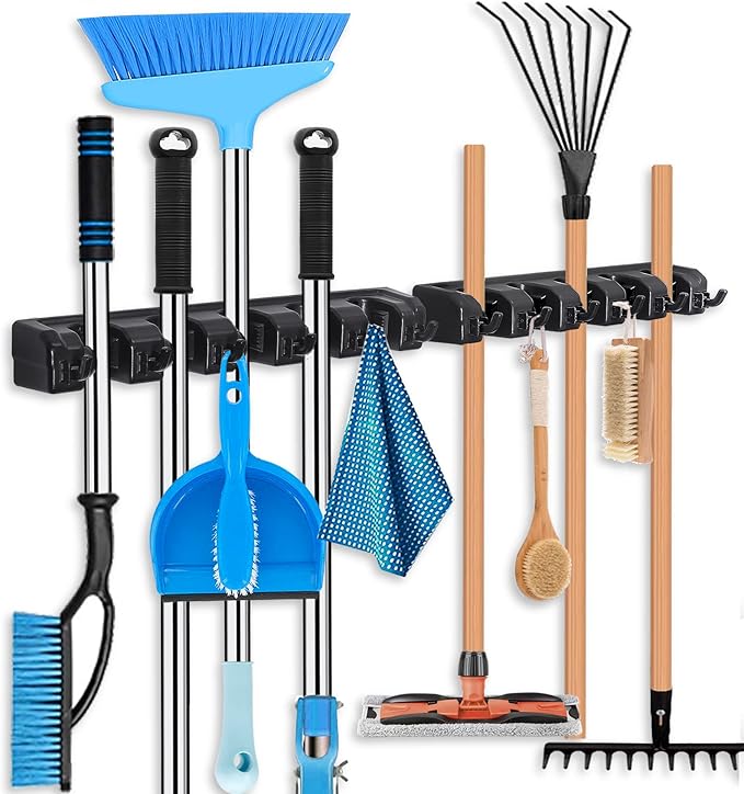 Broom Holder Wall Mount Broom Organizer Mop Holder Hanger Garden Tool Organizers Storage Rack Garage Laundry Room Organizations and Storage with Hooks Heavy Duty