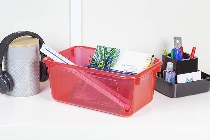 Storex Small Cubby Bins – Plastic Storage Containers for Classroom with Non-Snap Lid, 12.2 x 7.8 x 5.1 inches, Tint Red, 5-Pack (62481U05C)