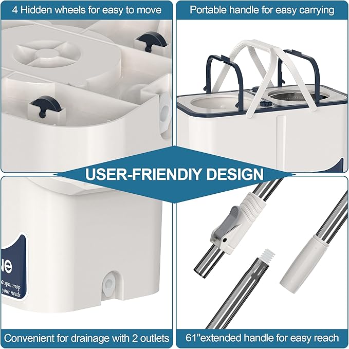 Gen 1 Large-Capacity Spin Mop and Bucket – for Big Homes & Deep Cleaning Days,4-Chamber System Separates Dirty & Clean Water, 2-GAL Heavy-Duty Design with Wheels & 6 Refill Mop Heads - White/Grey