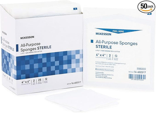 McKesson All Purpose Sponges, Sterile, 4-Ply, 100% Cotton, 4 in x 4 in, 2 per Pack, 25 Packs, 50 Total