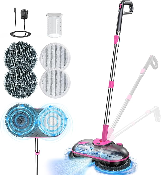 ScrubWiz Cordless Electric Spin Mop with Water Sprayer, Floor Cleaner for Hardwood & Tile, Quiet Cleaning, Adjustable Handle, 2500mAh Long-Lasting Battery, 300ml Tank