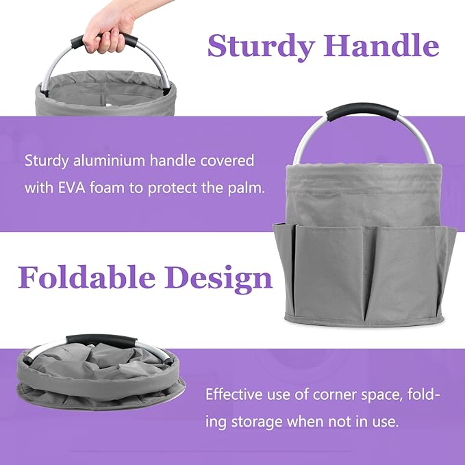 2Pcs Cleaning Caddy with Handle and 6 Pockets, 17L Foldable Cleaning Tote Bag, Portable Shower Caddy in 600D Oxford Fabric, Multifunctional Storage Basket for Camping, Garden, Dark Gray