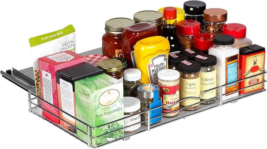 Pull Out Cabinet Organizer for Spices, Cans - Heavy Duty with Lifetime Limited Warranty- Pull Out Spice Rack- Cabinet Pull Out Shelf for Cans,Dishes, Etc, 20-3/8"Wx 10-1/2"D x 2-3/4” H, Chrome