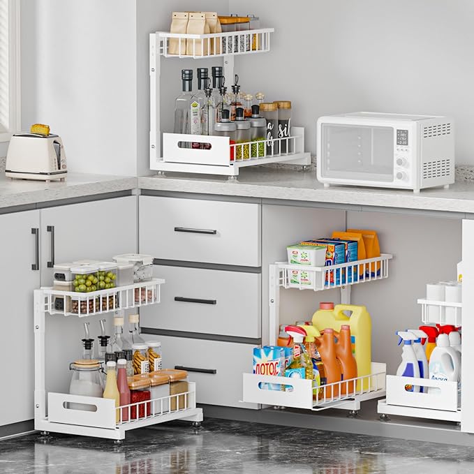 2 Pack Pro Under Sink Organizer Storage: Premium Metal 2-Tier Pull-Out Wire Basket Organizer, L Shape Height Adjustable, Easy Installation | Kitchen & Bathroom Cabinet Organizers White