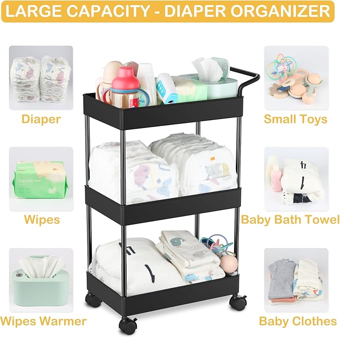 Diaper Caddy - Plastic Diaper Organizer for Nursery Essentials, Baby Organizers and Storage, Movable Cart for Changing Table & Crib, Baby Registry Search, Black