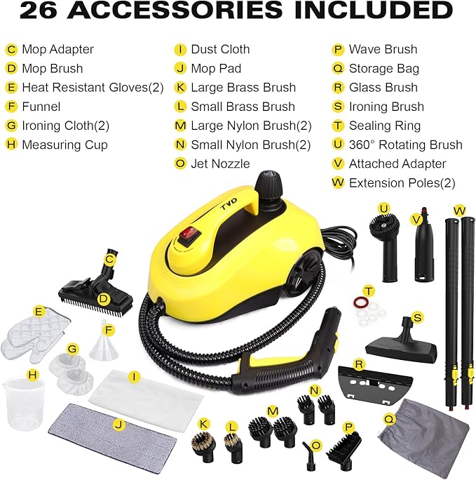 TVD Steam Cleaner, Steamer for Cleaning with 26 Accessories, Steam Cleaner for Home with 5M Extra-Long Power Cord for Home Floor Cleaning, Tile Detailing, Grout, Upholstery.