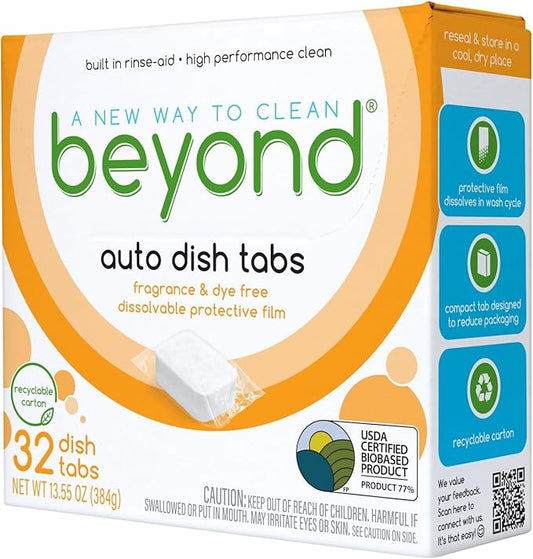 Beyond Natural Dishwasher Tablets [8 Boxs of 32] - Fragrance & Dye Free - Certified Biobased. Powerful. Plant-Based Ingredients