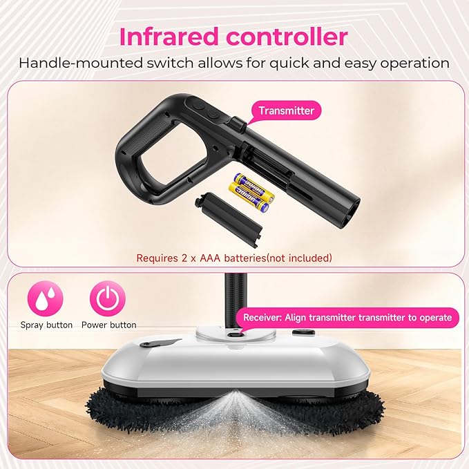 ScrubWiz Cordless Electric Spin Mop with Water Sprayer, Self-Propelled Floor Cleaner for Hardwood & Tile, Quiet Cleaning, Adjustable Handle, 2500mAh Long-Lasting Battery, 300ml Tank, Snow White