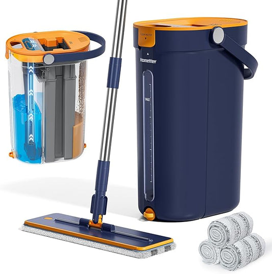 Mop and Bucket Set with Wringer, 3-Tank Flat Mop and Bucket System, Wall Mop Cleaner with Long Handle, Hands Free Mops for Floor Cleaning with 4 Microfiber Pads