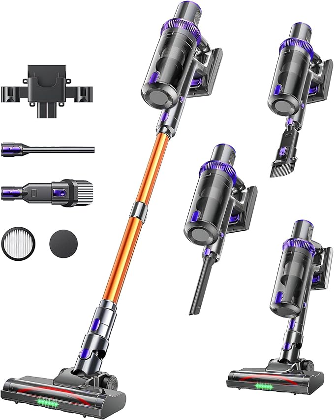 Cordless Vacuum Cleaner, 450W 48KPA Suction Power, 50 Minutes Runtime, Rechargeable Stick Vacuum for Carpet, Tile, Pet Hair, Hardwood Floors,Purple