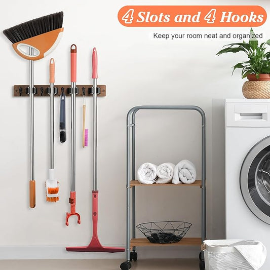 Broom Holder Wall Mount - Heavy Duty Wood Mop and Broom Organizer with 4 Slots & 4 Hooks - Garden Tool Hanger for Laundry Room Closet Kitchen Garage Storage and Organization - Modern Home Decor