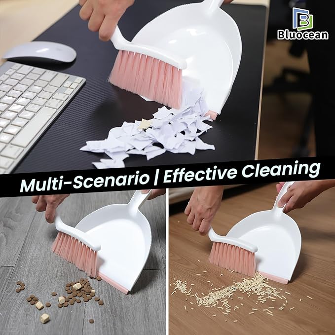 Mini Handheld Broom and Dustpan Set – Small Cleaning Set with 7" Wide Dustpan Opening, Compact & Cute Design, Hand Brush Bristles for Hair/Debris, Ideal for Pet, Sofa, Kitchen (White & Blush Pink)