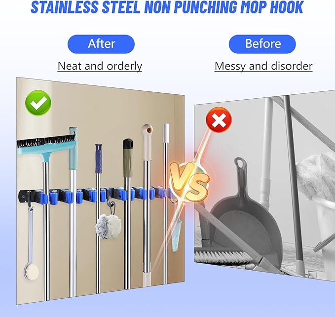 BigKing Mop Broom Holder Wall Mounted,6 Racks 3 Hooks Heavy Duty Stainless Steel Broom and Mop Hangers,Garage Storage Rack & Garden Tool Organizer, Self-adhesive/Screw Drilling