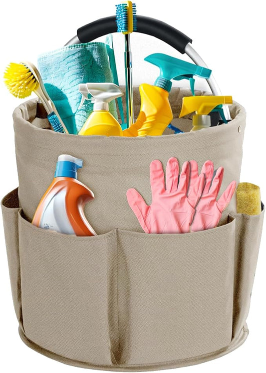 Cleaning Caddy with Handle, Cleaning Products Organiser, 17L Foldable Storage Basket, Cleaning Caddy Organiser, Portable Multi Cleaning Bucket Bag for Home, Garden (Khaki)