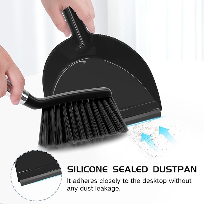 NACENA Mini Broom and Dustpan Set, Small Dust Pan and Brush Set with Handle Dustpan Teeth for Cleaning Hair Suitable for Office Desks Drawers Sofas Outdoor Camping, Black