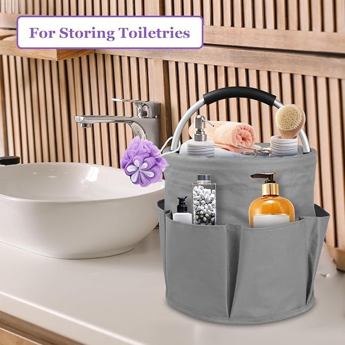 2Pcs Cleaning Caddy with Handle and 6 Pockets, 17L Foldable Cleaning Tote Bag, Portable Shower Caddy in 600D Oxford Fabric, Multifunctional Storage Basket for Camping, Garden, Dark Gray