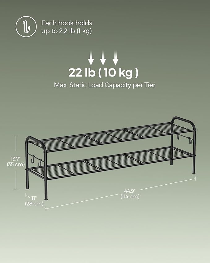 SONGMICS Shoe Rack, 2-Tier Shoe Organizer, Metal Shoe Shelf Storage with 4 Side Hooks, Holds 12 Pairs of Shoes, Height-Adjustable Shoe Rack for Entryway, Hallway, Closet, Easy Assembly, Ink Black