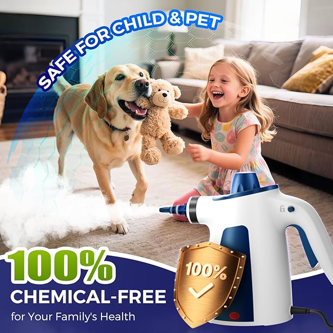 Steam Cleaner, Pressurized Handheld Multi-Surface Natural Steam Cleaner with 12 PCS Accessories & Safety Lock, 350ML Large Capacity, Steamer for Car, Home, Upholstery, Kitchen, Window, Grime, Grease