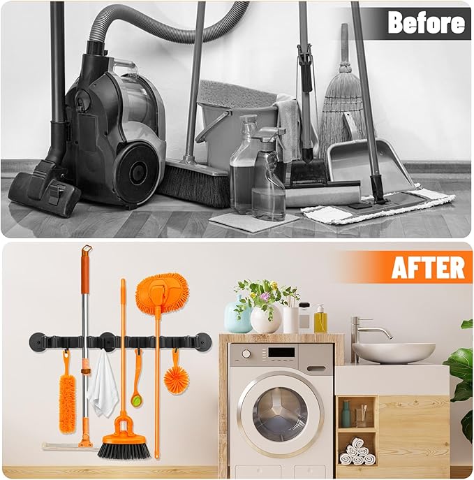 Magnetic Broom Holder Wall Mount with 4 Hooks and 5 Rack- Heavy Duty Non-Slip Mop Hanger for Wet Mops&Cleaning Tools on Refrigerator,Metal Door,Garage,Kitchen,Laundry Room