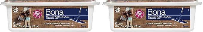Bona Hardwood Floor Disposable Wet Cleaning Pads - 12 cleaning pads per pack - unscented - Use Mops - Residue-Free Floor Cleaning Solution for Wood Floors (Pack of 2)