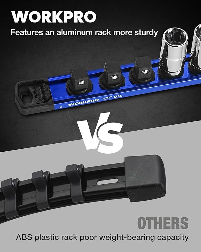 WORKPRO Magnetic Socket Organizer, 1/2" Drive Aluminum Alloy Socket Holder with 10PC Removable Socket Clips for Quick Customization, Socket Rail for Tool Box Drawer (Sockets Not Included)