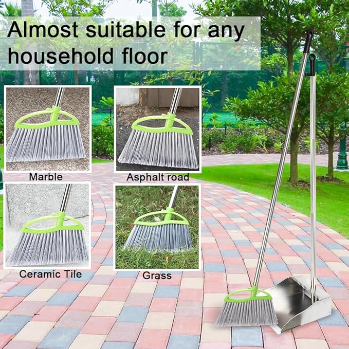 Heavy Duty Broom and Dustpan Set, Metal Stand Up Dustpan with Outdoor Stiff Bristles Broom for Hardwood Patio Floor Sweeping