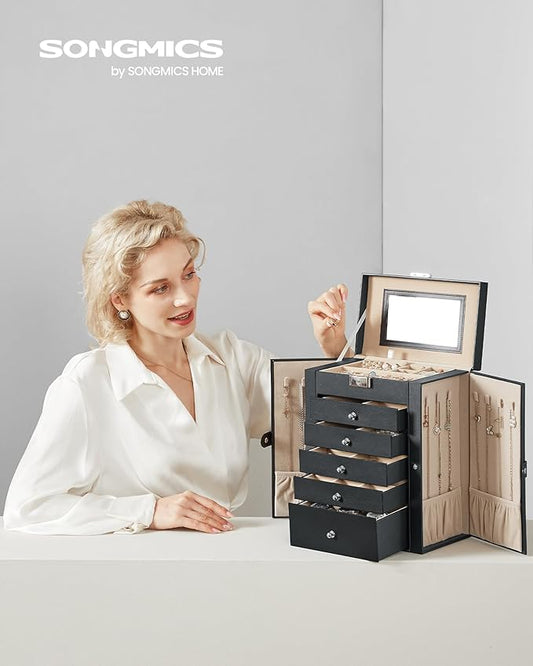 SONGMICS 6-Layer Jewelry Box Organizer with 5 Drawers, Jewelry Storage Case with Lock and Mirror, Large Storage Capacity, Gift for Loved Ones, for Necklaces, Watches, Black UJBC152B01