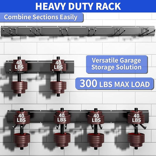 Garage Tool Organizer Wall Mount, 48inch Heavy Duty Garden Tool organizer Storage System, Easy Install With 6 Adjustable Straight Hooks, For Garage, Basement, Shed, Workshop(Black)