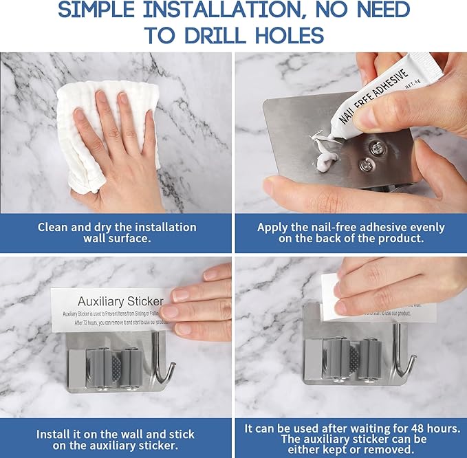 Mop Broom Holder Wall Mount, Stainless Steel, Rust Resistant, Heavy Duty, No Drill,Self-adhesive Broom Holder Wall Mount with Hooks 4Pcs for Bathroom, Kitchen, Garage, Nickel