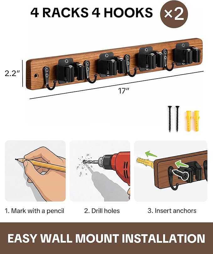 Lorbro 2 Pack Broom Holder Wall Mount, Wooden Broom and Mop Organizer Wall Hanging, Mop Hanger Rack with 4 Slots & 4 Hooks, Tool Organizer for Laundry Room, Closet, Garage, Kitchen