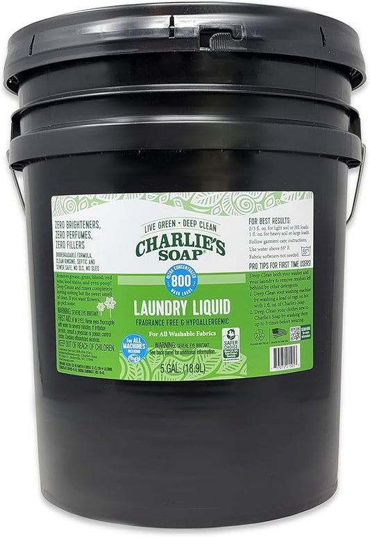 Charlie’s Soap Laundry Liquid Refill (800 Loads, 5 Gallon - 640 Fl Oz) Natural Deep Cleaning Hypoallergenic Laundry Detergent – Biodegradable Eco Friendly Sustainable Laundry Liquid