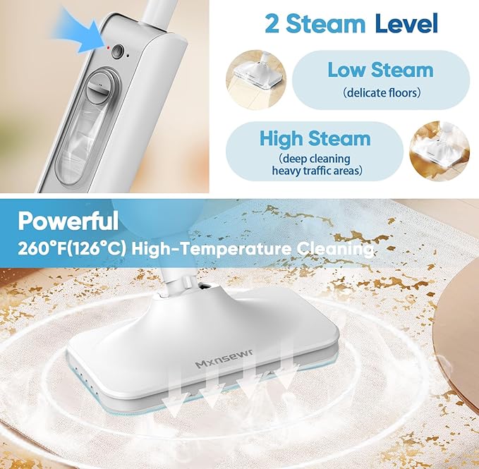Steam Mop All-in-one Multi-Functional Powerful Steam Cleaner, Handheld Detachable Floor Steamer with 2 Steam Level, SKD5 380ML Water Tank & 23FT Power Cord for Whole Home Use（White）