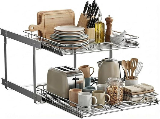 HOLDN’ STORAGE Two Tier Pull Out Cabinet Organizer, Individual Sliding Drawers - Heavy Duty Metal with Lifetime Limited Warranty - Anti Rust Chrome Finish - 20" W x 21”D x 16.5" H