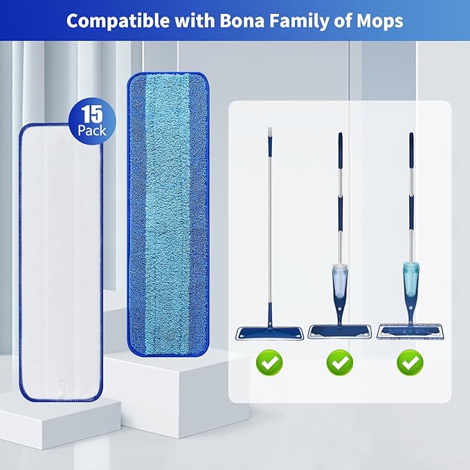15-Pack Microfiber Mop Pads for Bona Mpo- Washable Reusable Refills for Hardwood, Tile & Multi-Surface Floors | Pet Hair & Stain Remover