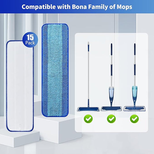 15-Pack Microfiber Mop Pads for Bona Mpo- Washable Reusable Refills for Hardwood, Tile & Multi-Surface Floors | Pet Hair & Stain Remover
