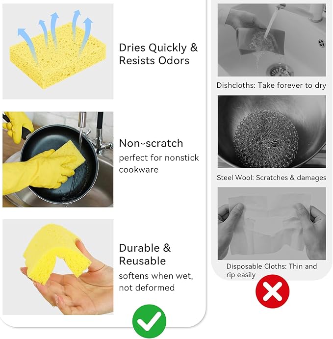 6 Pcs Kitchen Sponges for Dishes Cleaning, Non Scratch for Non Stick Cookware, Compressed Natural Cellulose Sponges, Dish Washing Scrubbers, Scrubbing Pads for Household, Bathroom (Yellow)