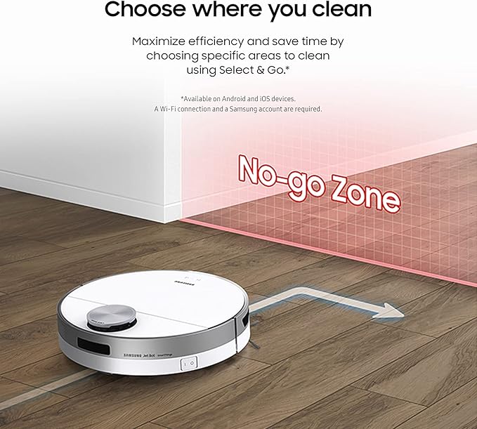 SAMSUNG Jet Bot Robot Cordless Vacuum Cleaner w/ Intelligent Power Control, Precise Navigation, Multi Surface Cleaning for Hardwood Floors, Carpets, Rugs, Anti Hair, VR30T80313W/AA, White