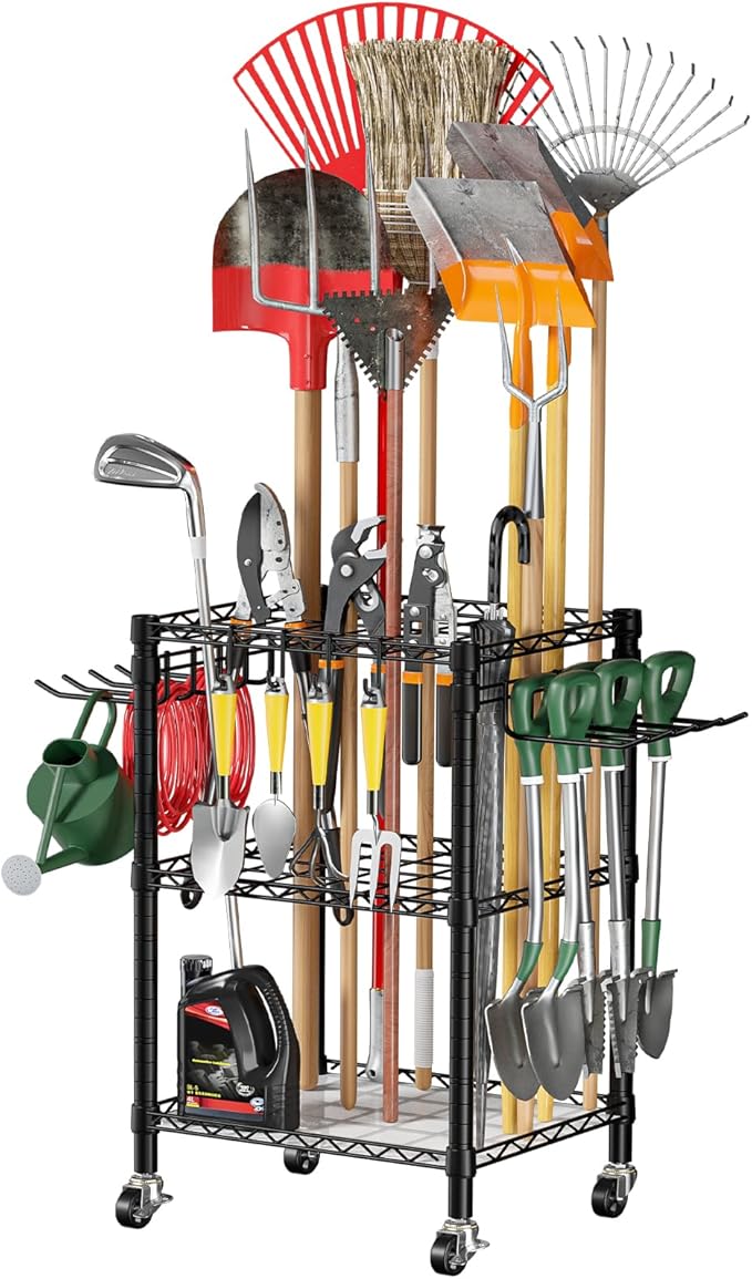 T1 Garden Tool Organizer（With Lockable Wheels）Heavy Duty Garage Tool Storage for Yard，Shed，Outdoor and Lawn，Freestanding Tool Organizers and Storage UP to 50 Tools，Black with Anti-Tip Device