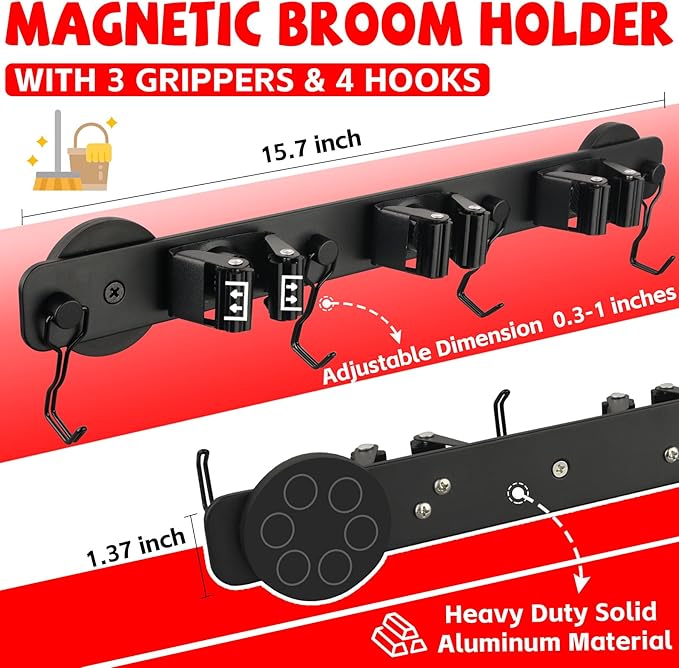 Magnetic Mop Broom Holder,Heavy Duty Movable Magnetic Wall Mount Tool Racks,No Drilling Utility Storage Shovel Hanger for Garage,Closet,Garden,Kitchen,Laundry (4 Hooks 3 Grippers,Black)