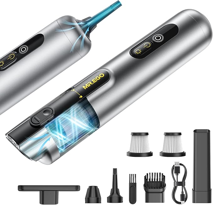 Mr.ego Car Vacuum Portable Cordless, 20000Pa Mini Vacuum Cleaner & Air Duster, 100,000 RPM Brushless Motor Handheld Vacuum with LED Light and Multi-Nozzles for Car, Home, Office, Pet (Silver)