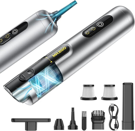 Mr.ego Car Vacuum Portable Cordless, 20000Pa Mini Vacuum Cleaner & Air Duster, 100,000 RPM Brushless Motor Handheld Vacuum with LED Light and Multi-Nozzles for Car, Home, Office, Pet (Silver)