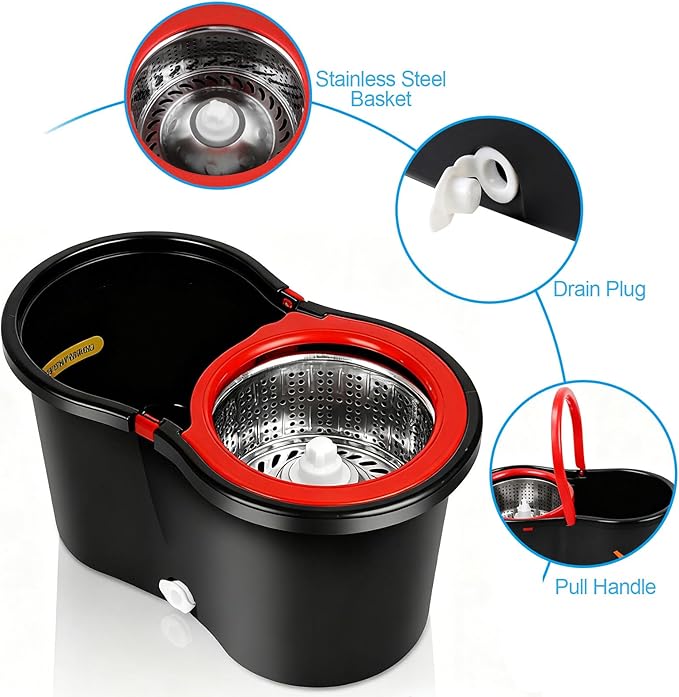 Spin Mop and Bucket with Wringer Set, 360°Rotating Head Mop Bucket System, 3 Replacement Mop Heads for Floor Cleaning (Black & Red) (Three mop Heads)