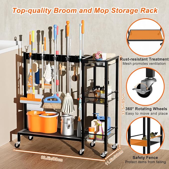 Broom and Mop Holder with Cleaning Supplies Organizer, Narrow Cleaning Cart with Cleaning Caddy, Large Capacity Cleaning Rack with Grippers Rack Hooks for Housekeeping Laundry Room Garage