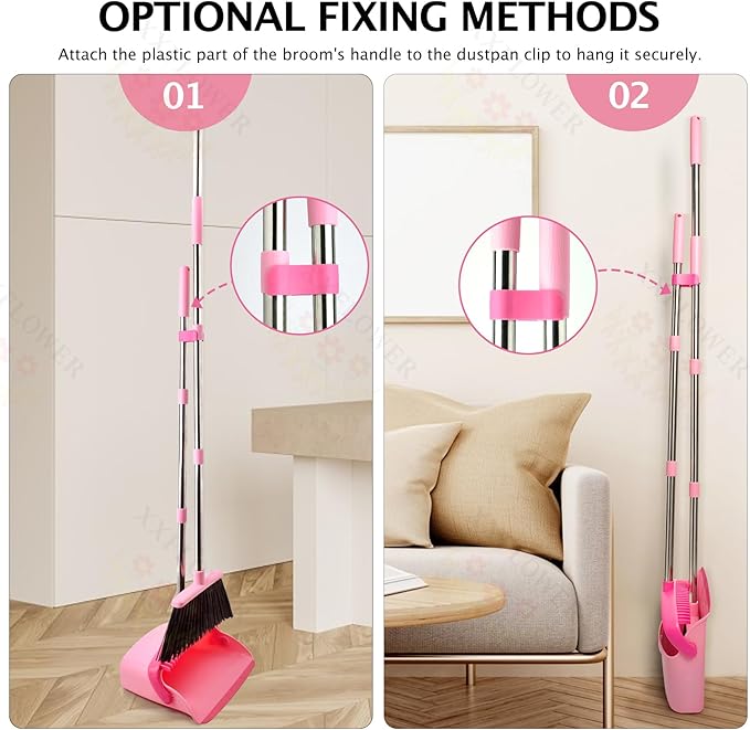 Broom and Dustpan Set, Dustpans with Broom Combo for Home, Heavy Dust Broom and Dustpan Combo, Long Handle Dust Pan and Broom Set for Kitchen, Office, Pet Hair,Pink, Pack of 1